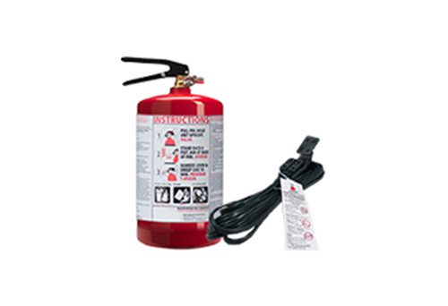 A fire extinguisher with a black cord